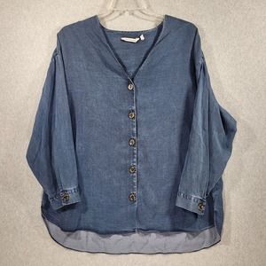 Soft Surroundings Shirt Womens 1X Chambray Blue Big Buttons V Neck Long Sleeve